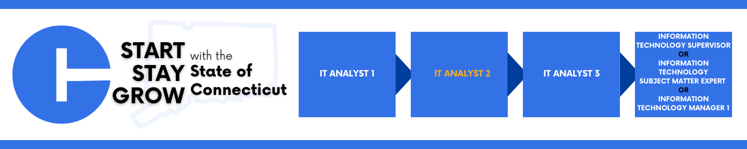 Circular blue icon on the left followed by the text Start, Stay, Grow with the State of Connecticut, and a horizontal progression of blue boxes showing career steps: IT Analyst 1, IT Analyst 2, IT Analyst 3, followed by IT Supervisor or IT Subject Matter Expert of IT Manager 1.